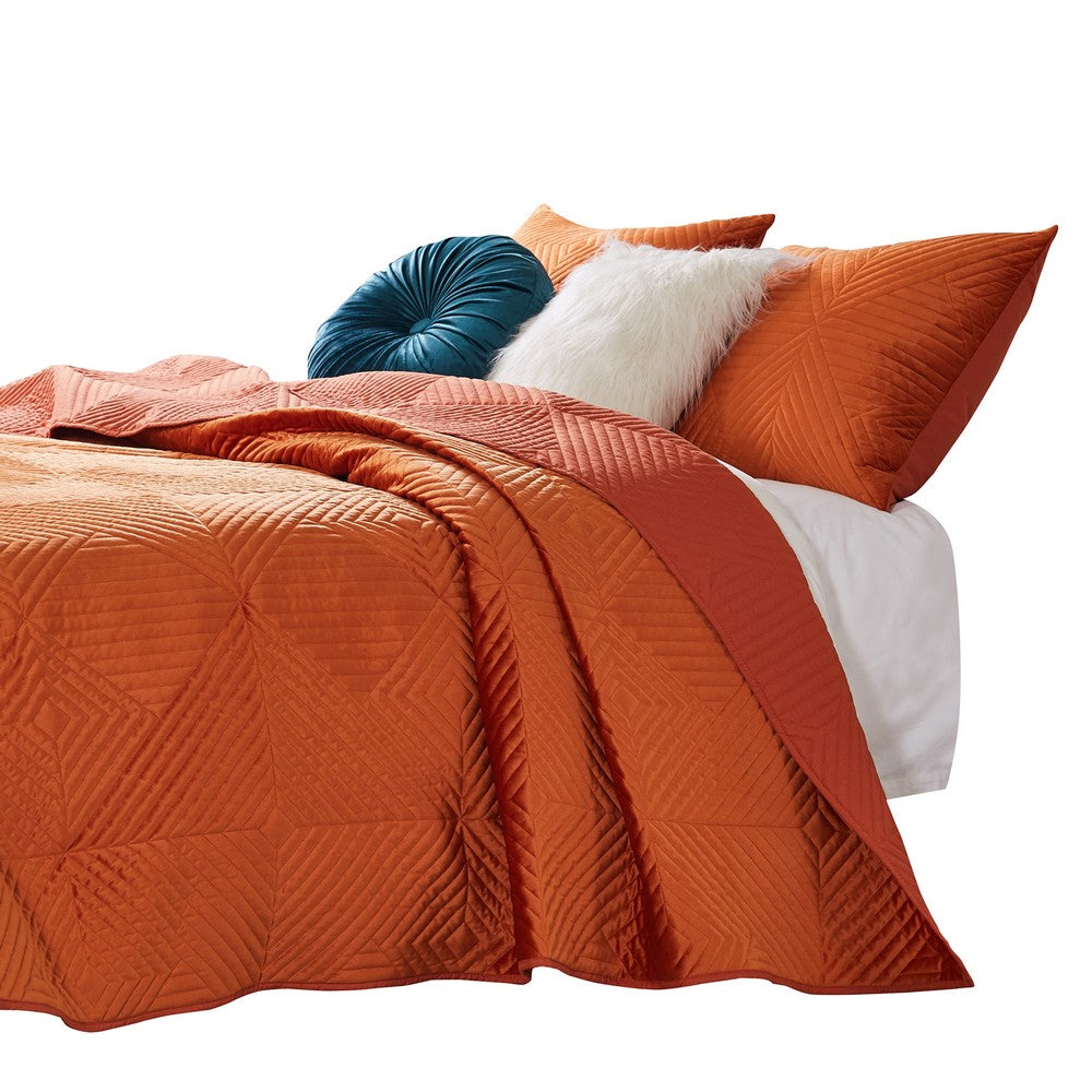 BENZARA Ahab 2 Piece Velvet Twin Quilt Set, Diamond Quilting Design, Orange - BM280411