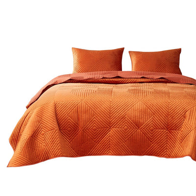 BENZARA Ahab 2 Piece Velvet Twin Quilt Set, Diamond Quilting Design, Orange - BM280411