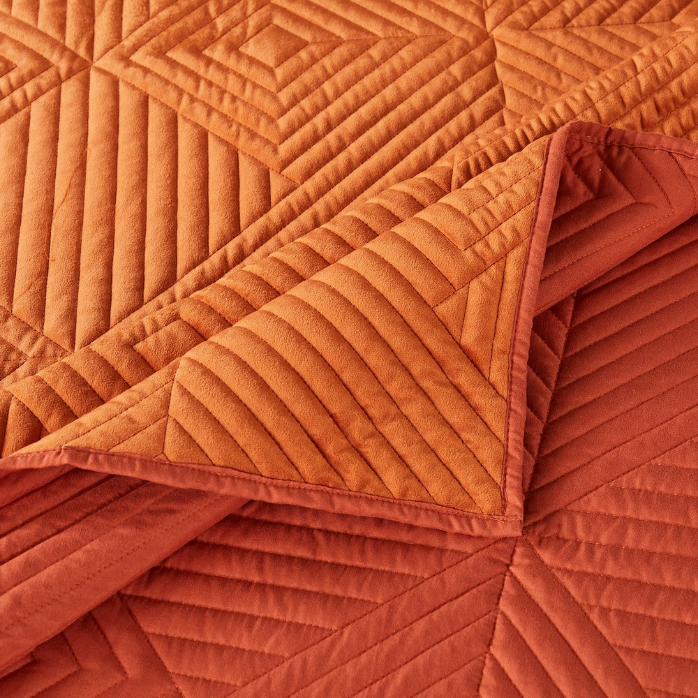 BENZARA Ahab 3 Piece Velvet Full Quilt Set, Diamond Quilting Design, Orange - BM280412