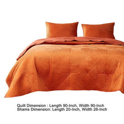 BENZARA Ahab 3 Piece Velvet Full Quilt Set, Diamond Quilting Design, Orange - BM280412