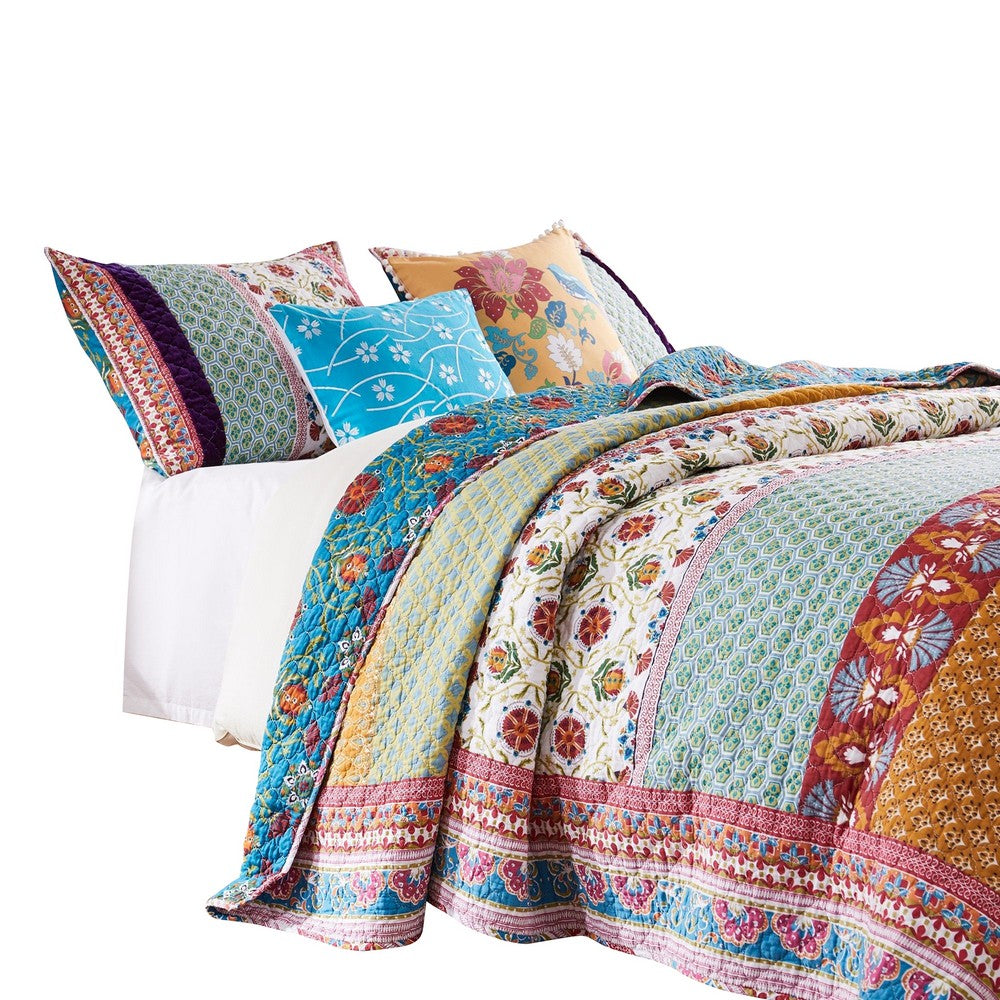 BENZARA Sama 4 Piece Reversible Twin Quilt Set, Floral Print Patterns, Multicolor - BM280414