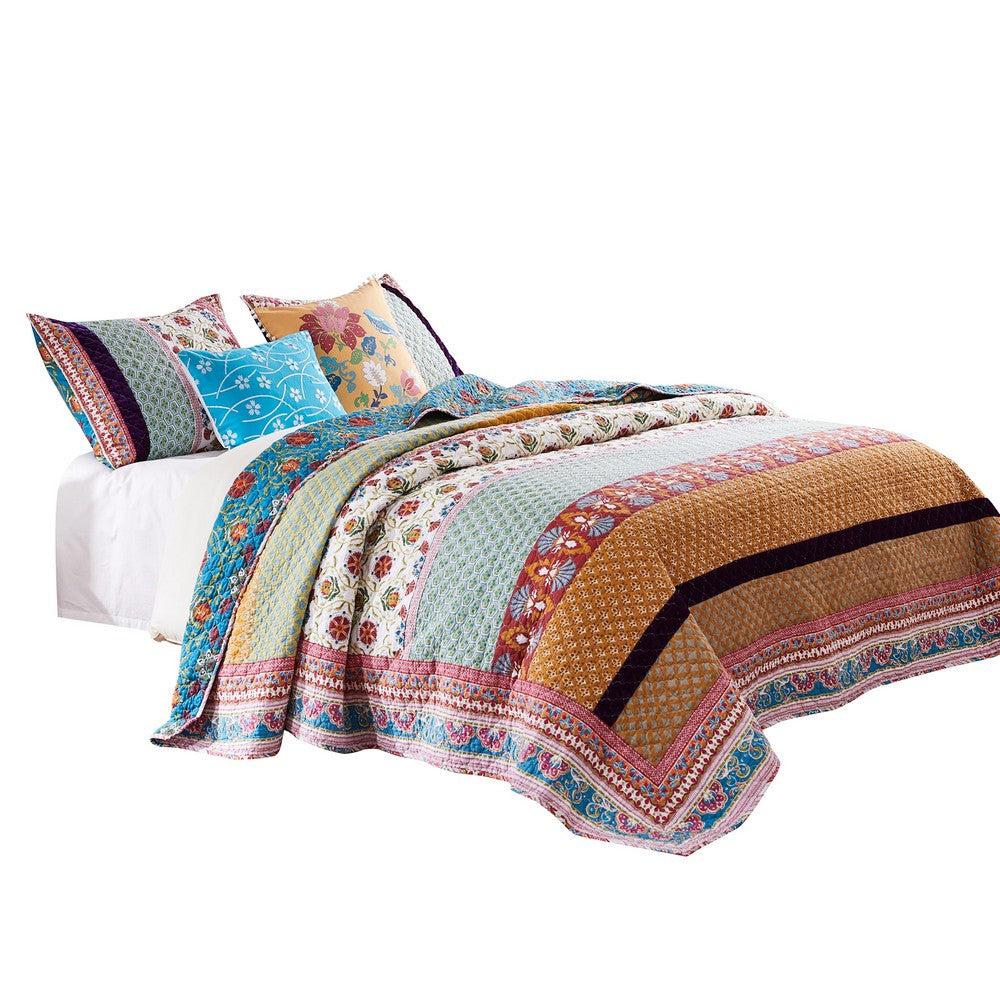 BENZARA Sama 5 Piece Reversible Full Quilt Set, Floral Print Patterns, Multicolor - BM280415