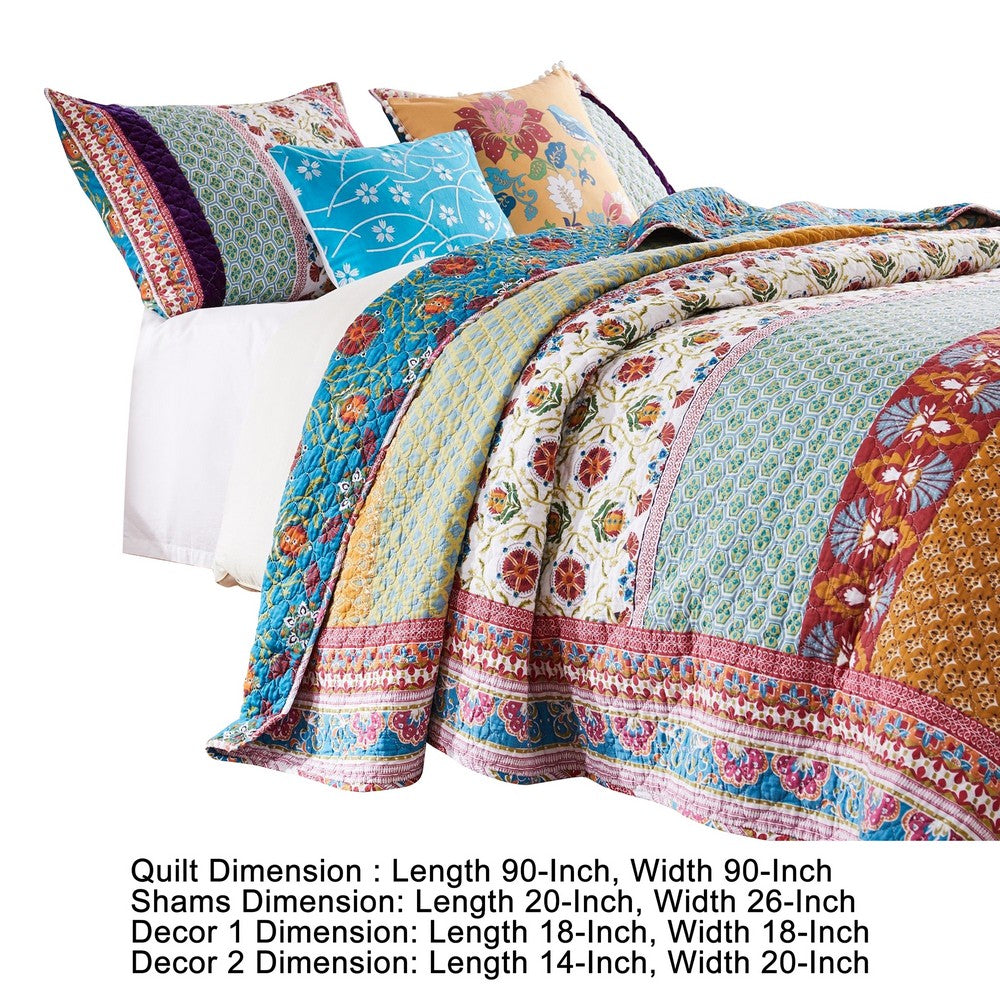 BENZARA Sama 5 Piece Reversible Full Quilt Set, Floral Print Patterns, Multicolor - BM280415