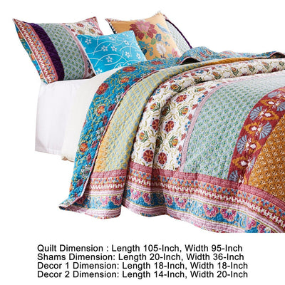 BENZARA Sama 5 Piece Reversible King Quilt Set, Floral Print Patterns, Multicolor - BM280416