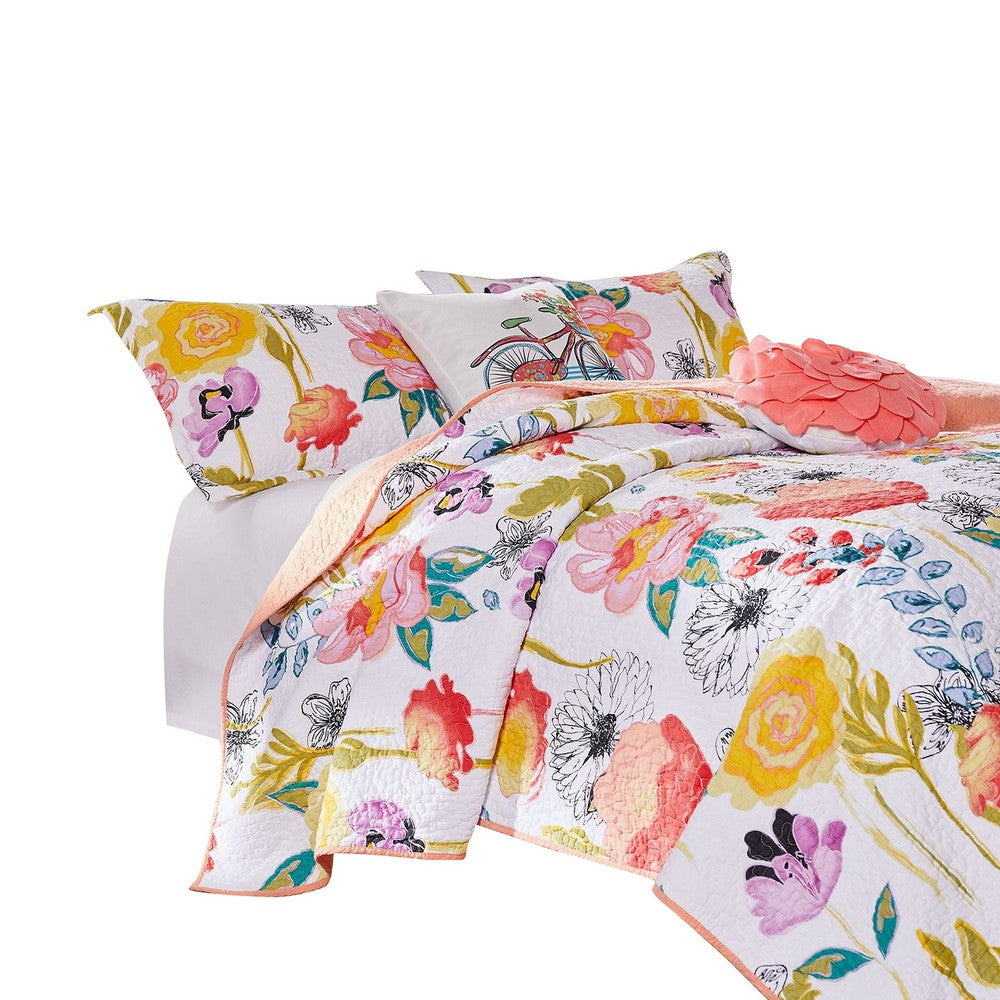 BENZARA Mavi 4 Piece Reversible Twin Quilt Set, Spring Floral Print, Multicolor - BM280417