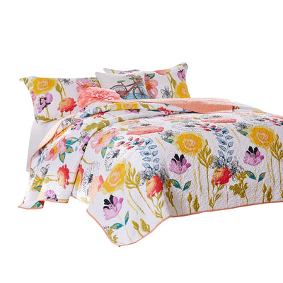 BENZARA Mavi 4 Piece Reversible Twin Quilt Set, Spring Floral Print, Multicolor - BM280417