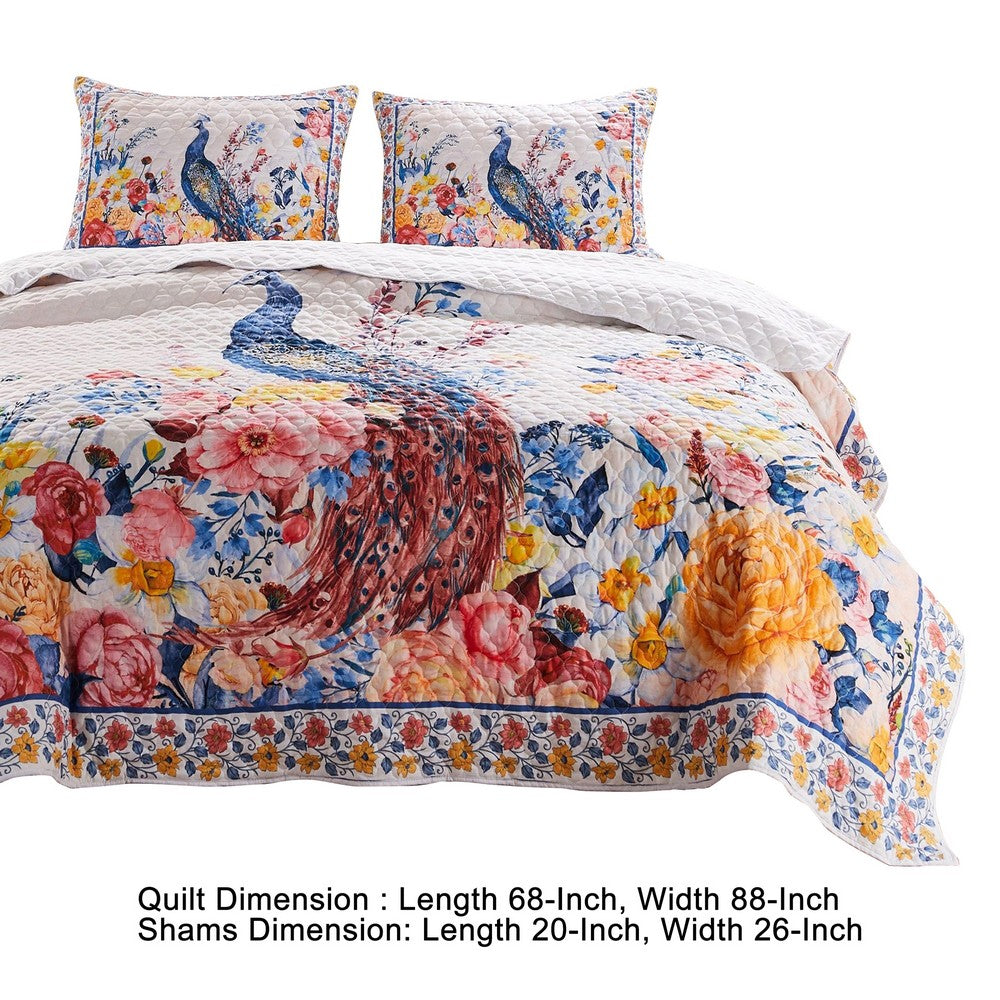 BENZARA Tess Microfiber 2 Piece Twin Quilt Set, Peacock, Floral Print, Multicolor - BM280420