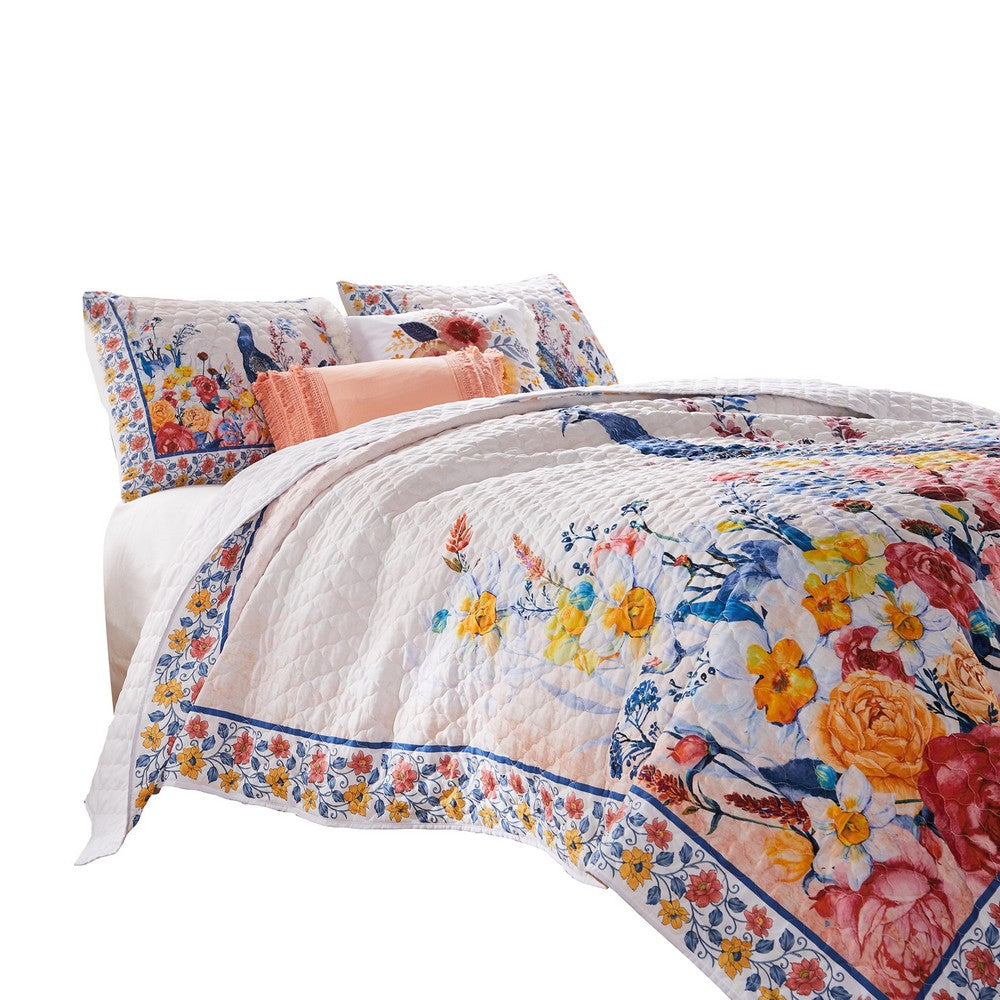 BENZARA Tess Microfiber 3 Piece Full Quilt Set, Peacock, Floral Print, Multicolor - BM280421