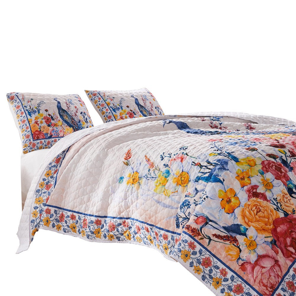 BENZARA Tess Microfiber 3 Piece Full Quilt Set, Peacock, Floral Print, Multicolor - BM280421