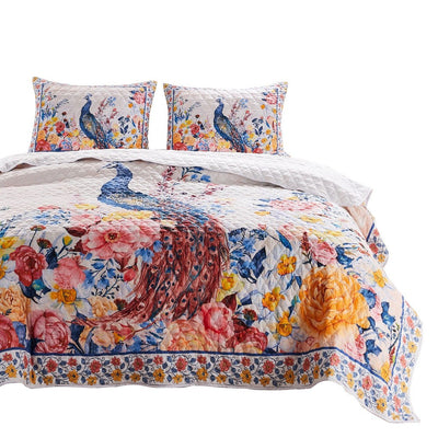 BENZARA Tess Microfiber 3 Piece Full Quilt Set, Peacock, Floral Print, Multicolor - BM280421