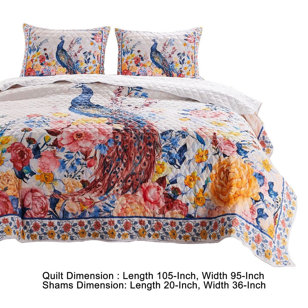 BENZARA Tess Microfiber 3 Piece King Quilt Set, Peacock, Floral Print, Multicolor - BM280422