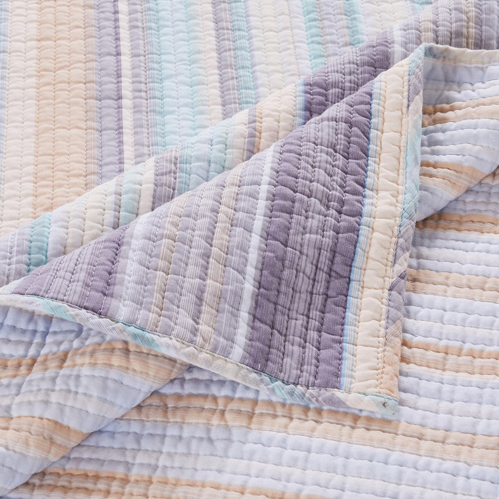 BENZARA Ysa 3 Piece Soft Cotton Queen Quilt Set, Pastel Striped, Multicolor - BM280435