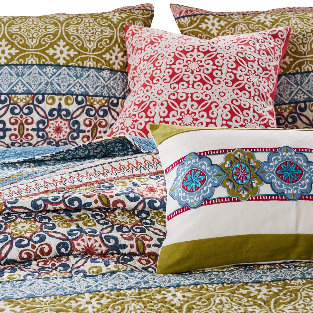 BENZARA Kaw 5 Piece Soft Cotton Queen Quilt Set, Mandala, Multicolor - BM280442