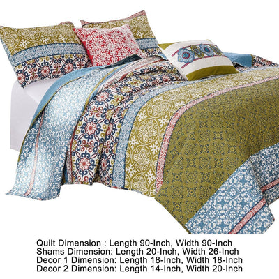 BENZARA Kaw 5 Piece Soft Cotton Queen Quilt Set, Mandala, Multicolor - BM280442