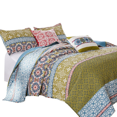 BENZARA Kaw 5 Piece Soft Cotton Queen Quilt Set, Mandala, Multicolor - BM280442