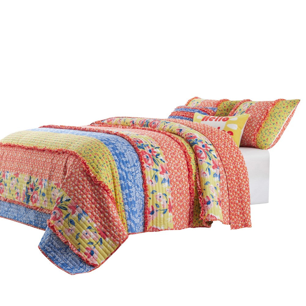 BENZARA Lio 2 Piece Microfiber Twin Quilt Set, Bohemian Floral Pattern, Multicolor - BM280444