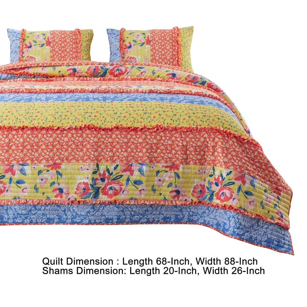 BENZARA Lio 2 Piece Microfiber Twin Quilt Set, Bohemian Floral Pattern, Multicolor - BM280444