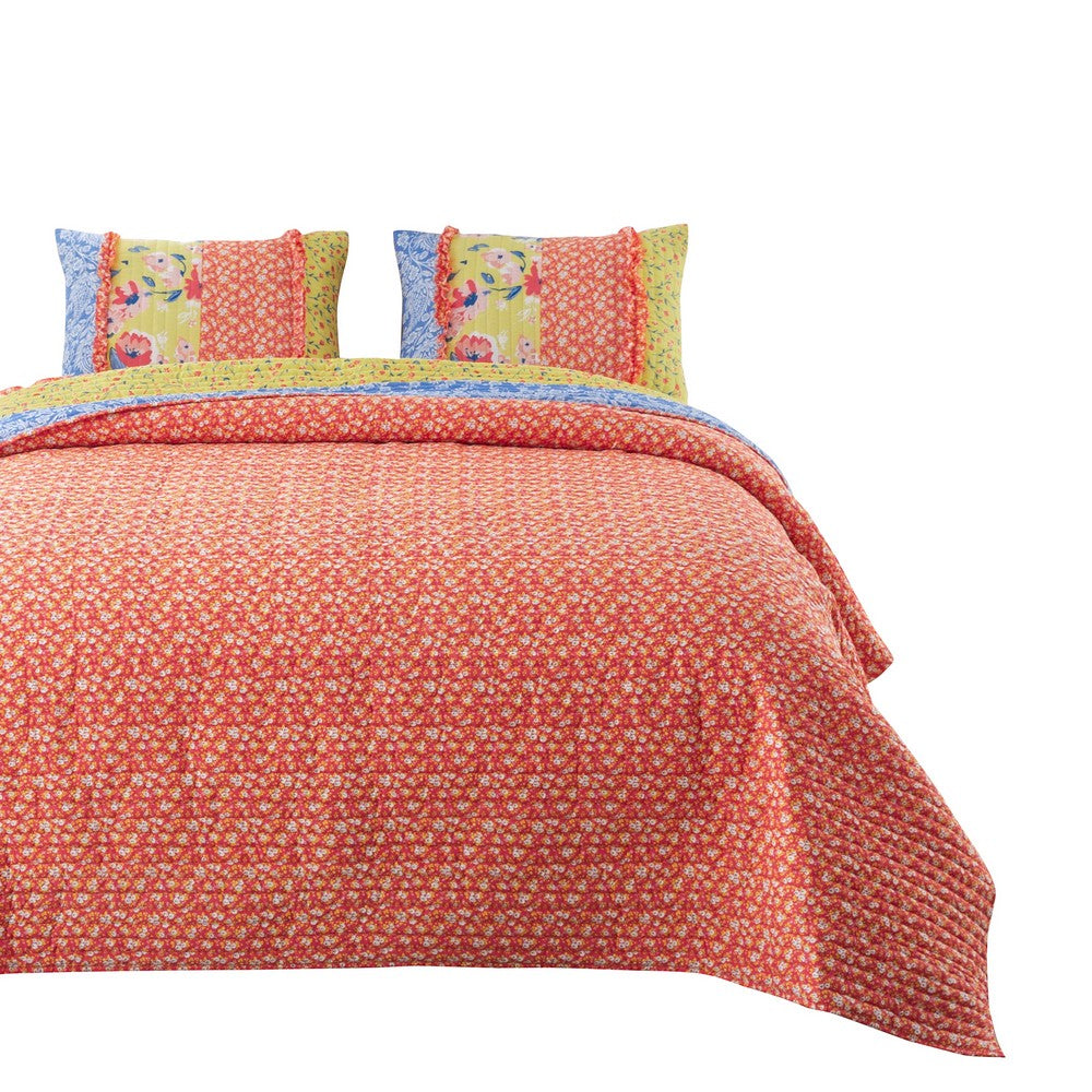 BENZARA Lio 3 Piece Microfiber Queen Quilt Set, Bohemian Floral Pattern, Multicolor - BM280445