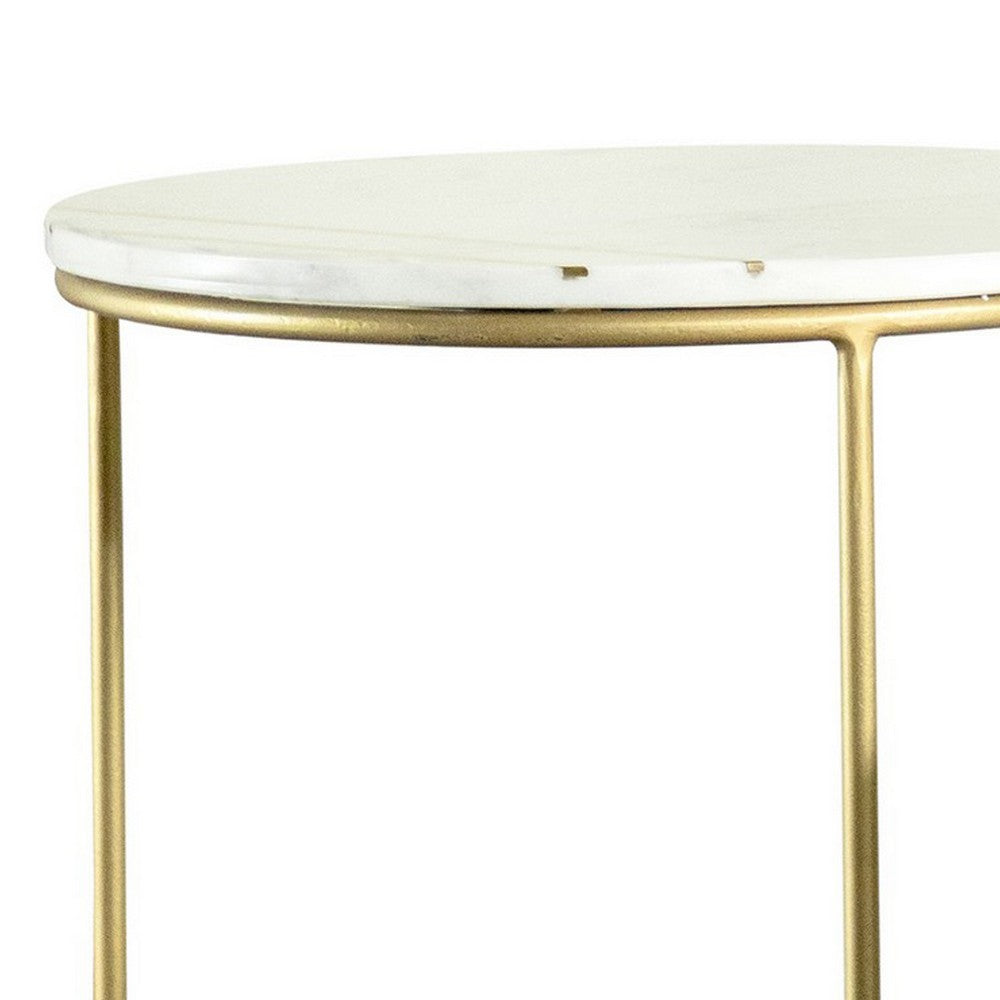 BENZARA 22, 17 Inch Modern 2 Piece Nesting End Table Set, White Marble Top, Gold - BM280460