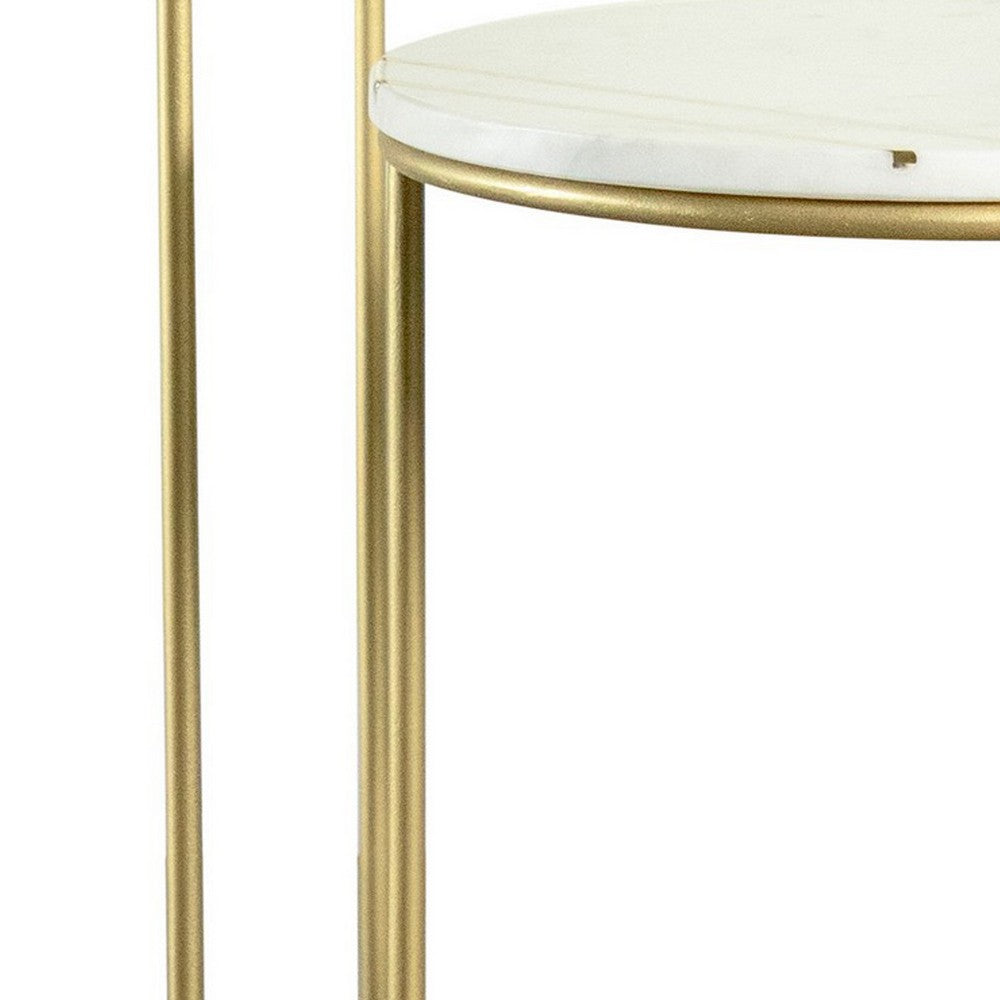 BENZARA 22, 17 Inch Modern 2 Piece Nesting End Table Set, White Marble Top, Gold - BM280460