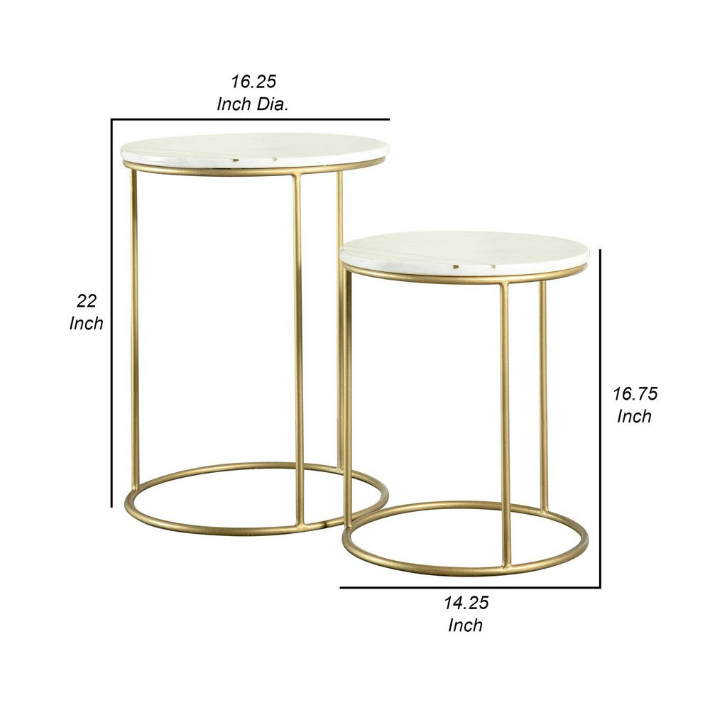 BENZARA 22, 17 Inch Modern 2 Piece Nesting End Table Set, White Marble Top, Gold - BM280460