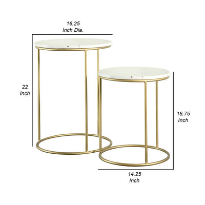 BENZARA 22, 17 Inch Modern 2 Piece Nesting End Table Set, White Marble Top, Gold - BM280460