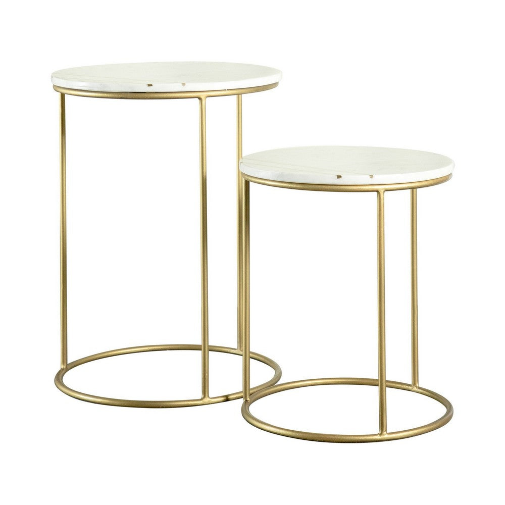 BENZARA 22, 17 Inch Modern 2 Piece Nesting End Table Set, White Marble Top, Gold - BM280460