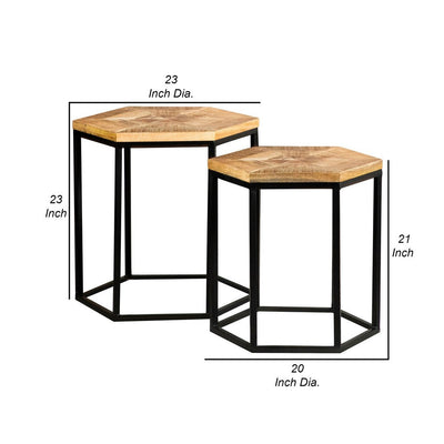 BENZARA 23, 21 Inch Modern 2 Piece Nesting End Table, Hexagon Top, Brown, Black - BM280463