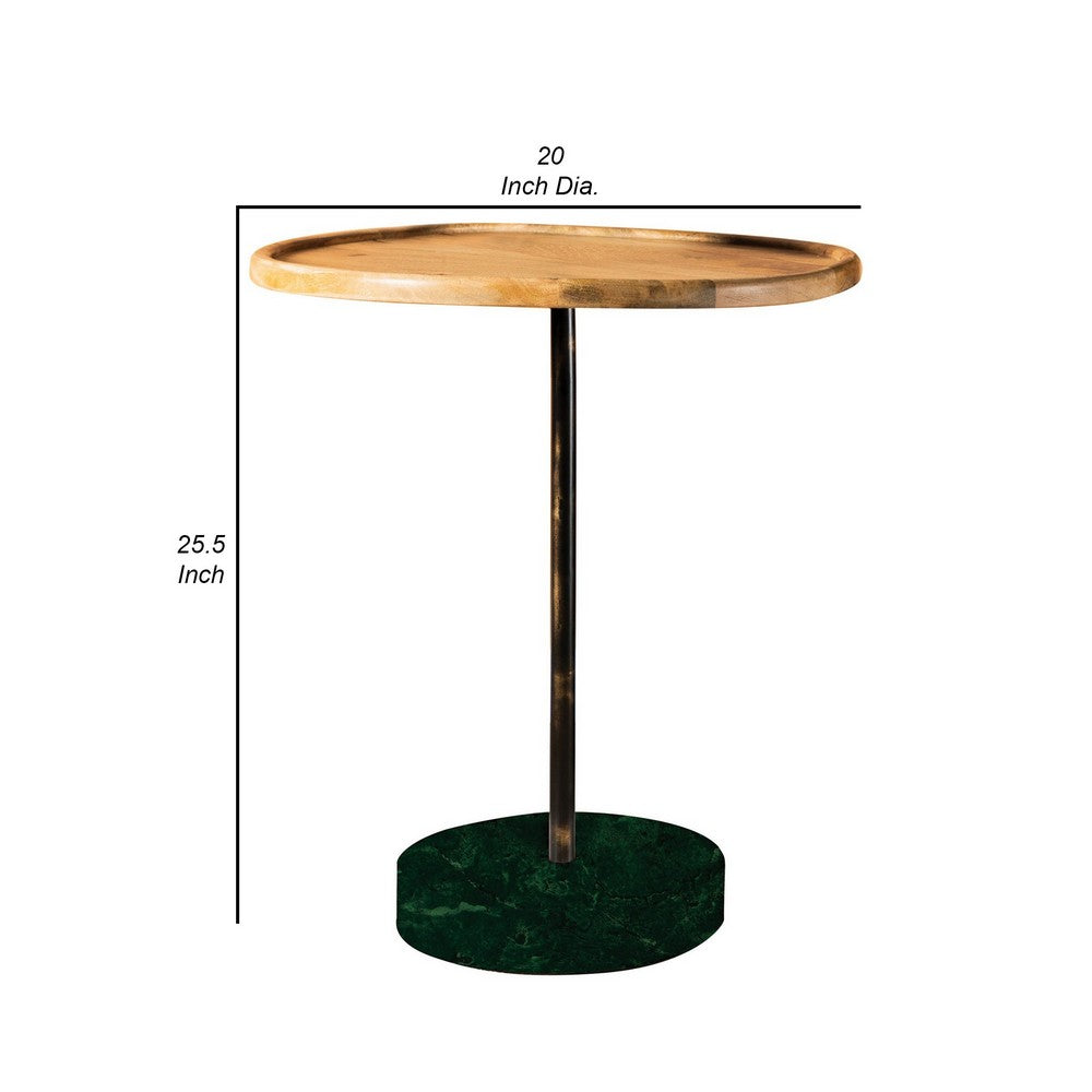 BENZARA 26 Inch Modern Accent Table, Round Tray Top, Dark Green Marble Base, Brown - BM280465