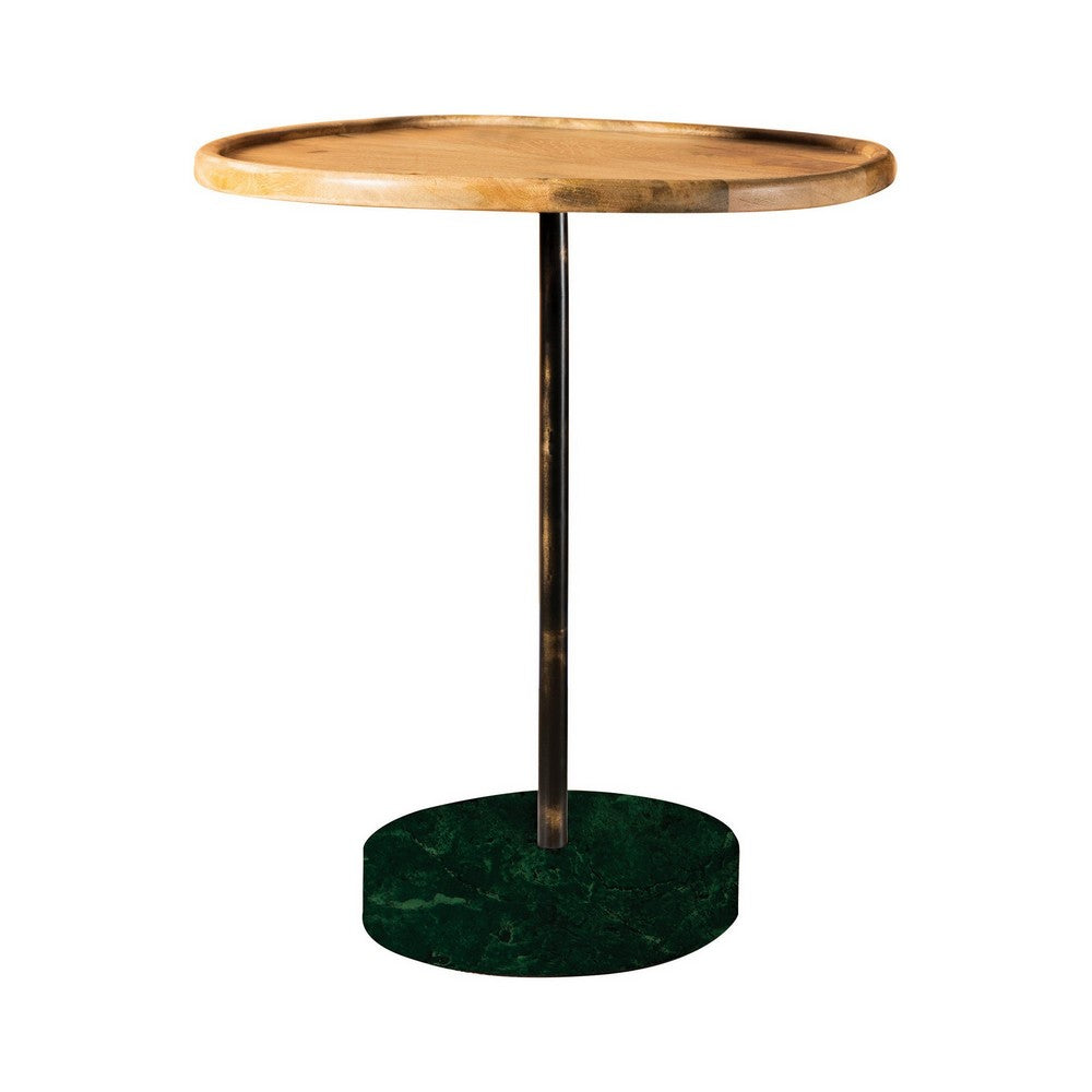 BENZARA 26 Inch Modern Accent Table, Round Tray Top, Dark Green Marble Base, Brown - BM280465