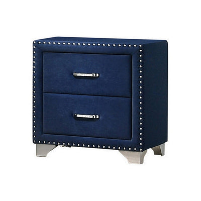 BENZARA Cale 26 Inch Modern Wood Nightstand, Velvet Upholstered, Nailhead, Blue - BM280481