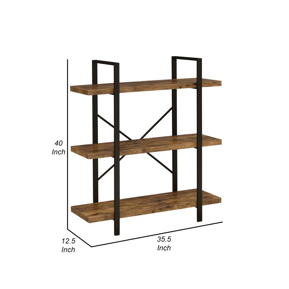 BENZARA Ana 40 Inch Wood Bookcase, 3 Shelves, Crossed Metal Design, Rustic Brown - BM280486