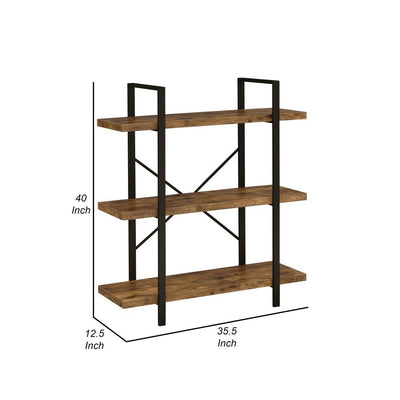 BENZARA Ana 40 Inch Wood Bookcase, 3 Shelves, Crossed Metal Design, Rustic Brown - BM280486