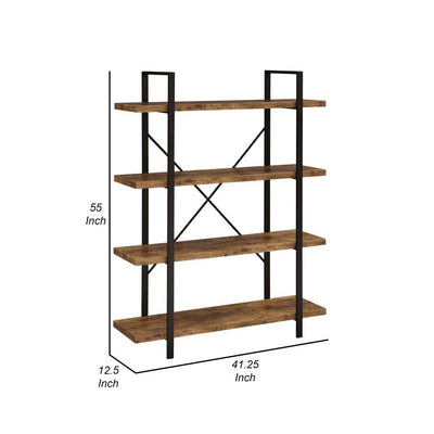 BENZARA Ana 55 Inch Wood Bookcase, 4 Shelves, Crossed Metal Design, Rustic Brown - BM280487