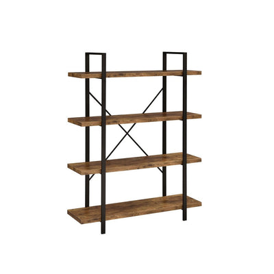 BENZARA Ana 55 Inch Wood Bookcase, 4 Shelves, Crossed Metal Design, Rustic Brown - BM280487