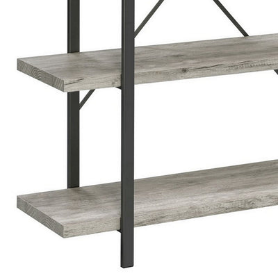 BENZARA Ana 55 Inch Wood Bookcase, 4 Shelves, Crossed Metal Design, Light Gray - BM280490