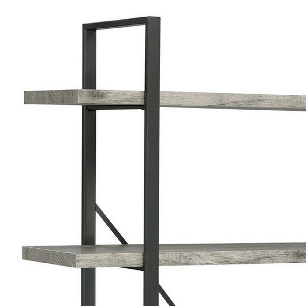 BENZARA Ana 70 Inch Wood Bookcase, 5 Shelves, Crossed Metal Design, Light Gray - BM280491