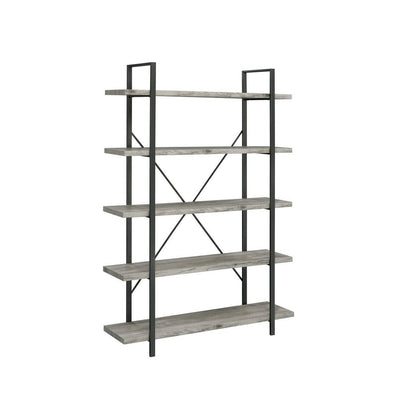 BENZARA Ana 70 Inch Wood Bookcase, 5 Shelves, Crossed Metal Design, Light Gray - BM280491