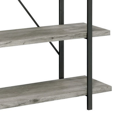 BENZARA Ana 70 Inch Wood Bookcase, 5 Shelves, Crossed Metal Design, Light Gray - BM280491