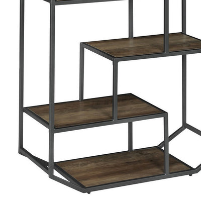 BENZARA 72 Inch Wood Bookcase, Geometric Metal Frame, 7 Shelves, Gray, Brown - BM280492