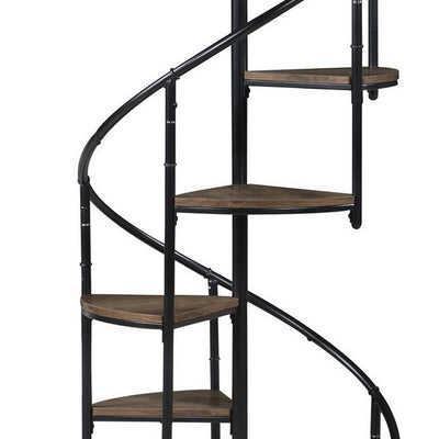 BENZARA 69 Inch Wood Bookcase, Spiral Metal Frame, Staircase Design, Brown - BM280493