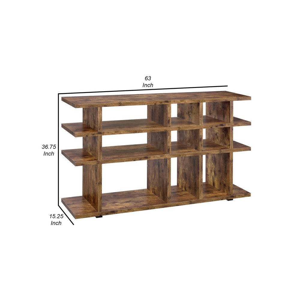 BENZARA 63 Inch Wood Bookcase, 3 Tier Divided Shelves, Vertical, Rustic Brown - BM280494