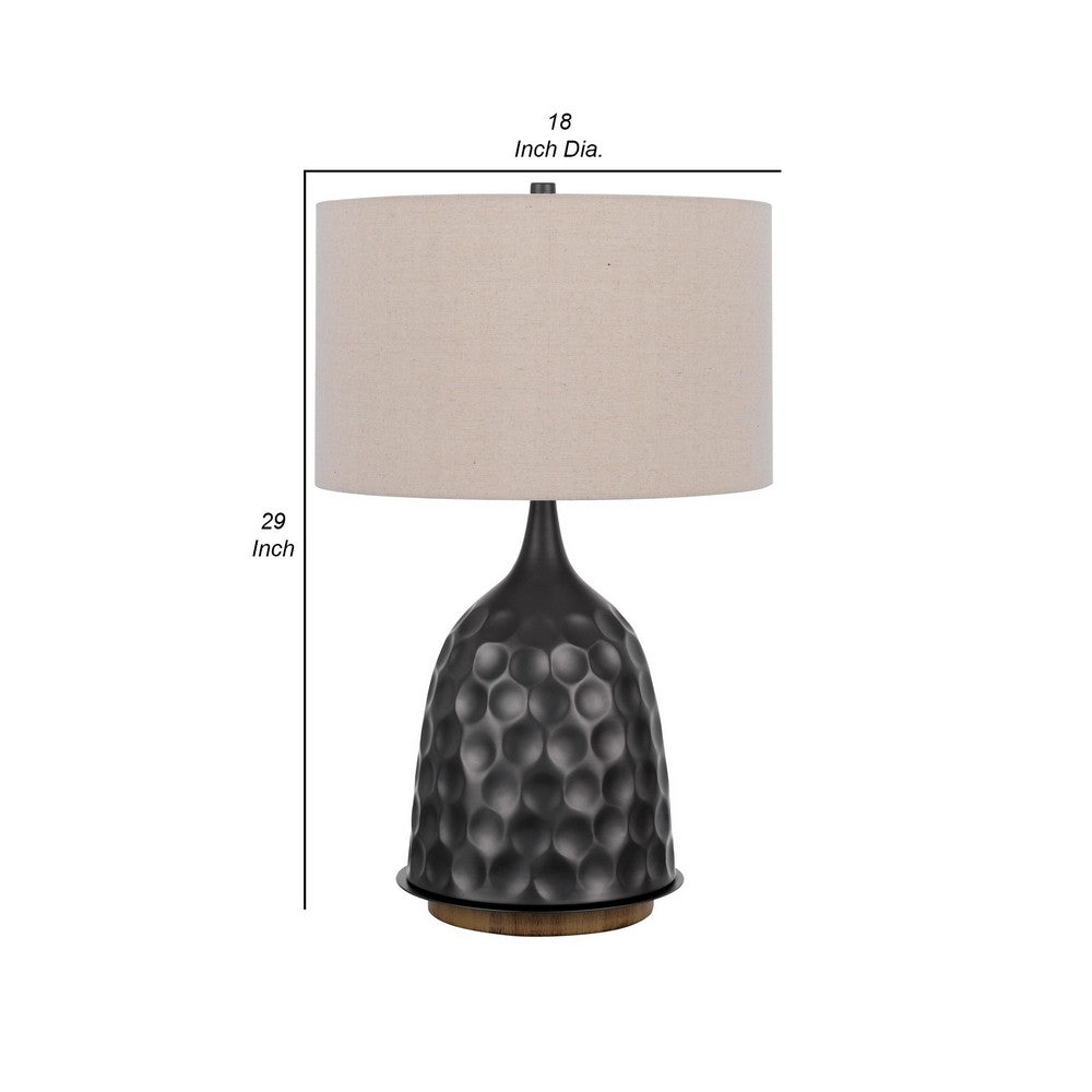 BENZARA 29 Inch Modern Table Lamp, Drum Shade, Diverted Wood Base, Dark Bronze Brown - BM280518