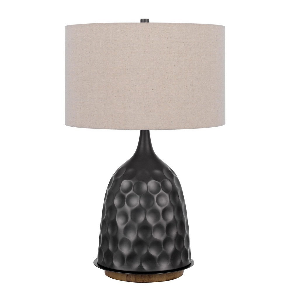 BENZARA 29 Inch Modern Table Lamp, Drum Shade, Diverted Wood Base, Dark Bronze Brown - BM280518