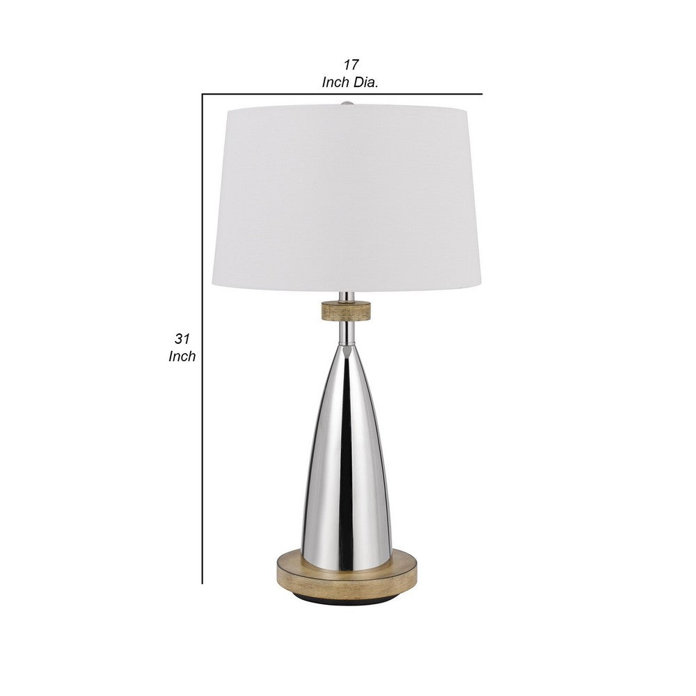 BENZARA Charlie 31 Inch Modern Table Lamp, Drum Shade, Glossy Chrome, White, Brown - BM280524