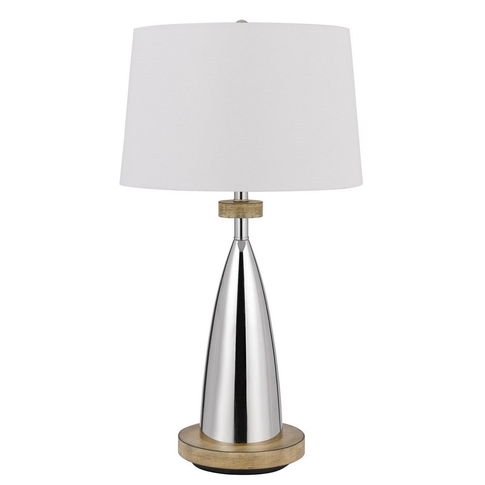 BENZARA Charlie 31 Inch Modern Table Lamp, Drum Shade, Glossy Chrome, White, Brown - BM280524