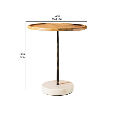 BENZARA 27 Inch Modern Accent End Table, Round Marble Base, Wood, White and Brown - BM280572