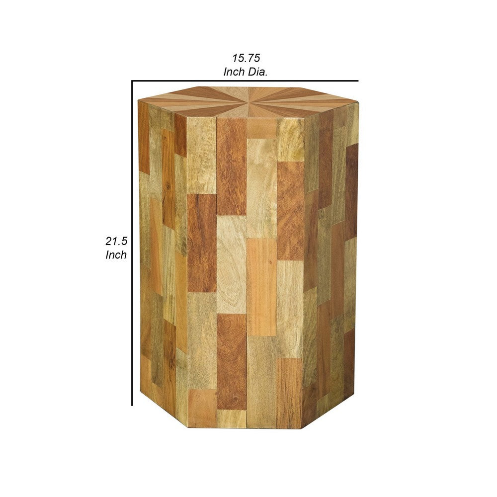 BENZARA 22 Inch Modern End Accent Table, Sunburst Top, Hexagon, Wood, Brown - BM280574