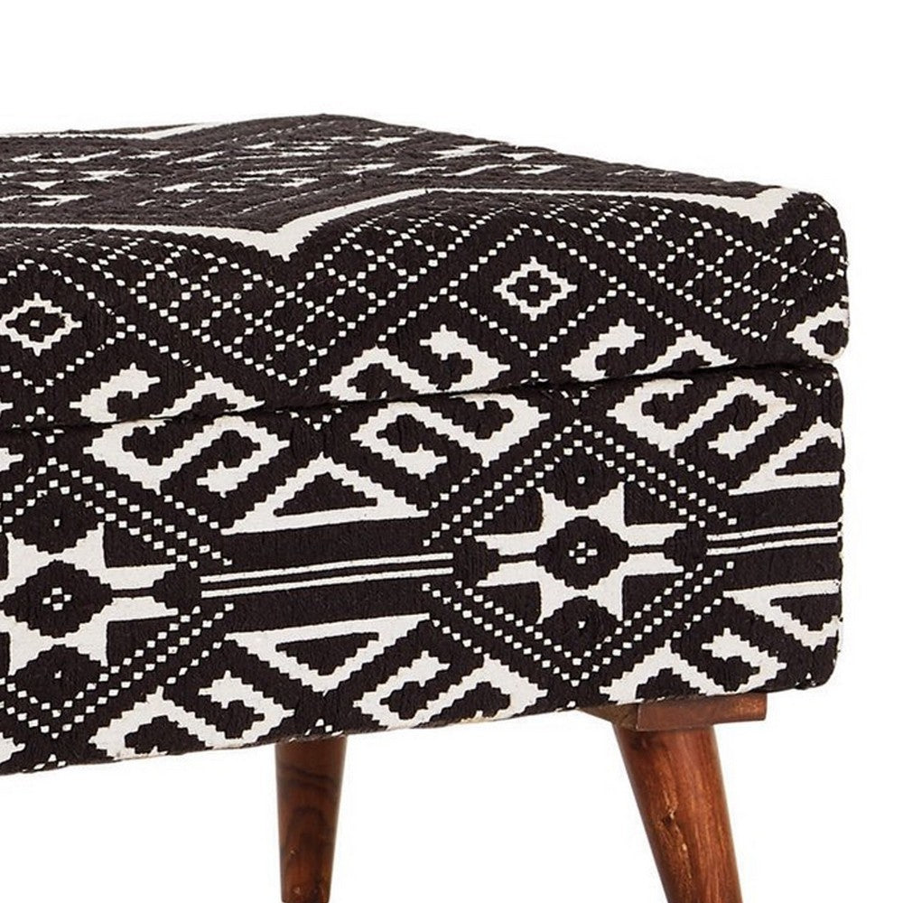 BENZARA Ben 36 Inch Bench, Cushioned Pattern Seat, Woven Cotton, Black, White - BM280575