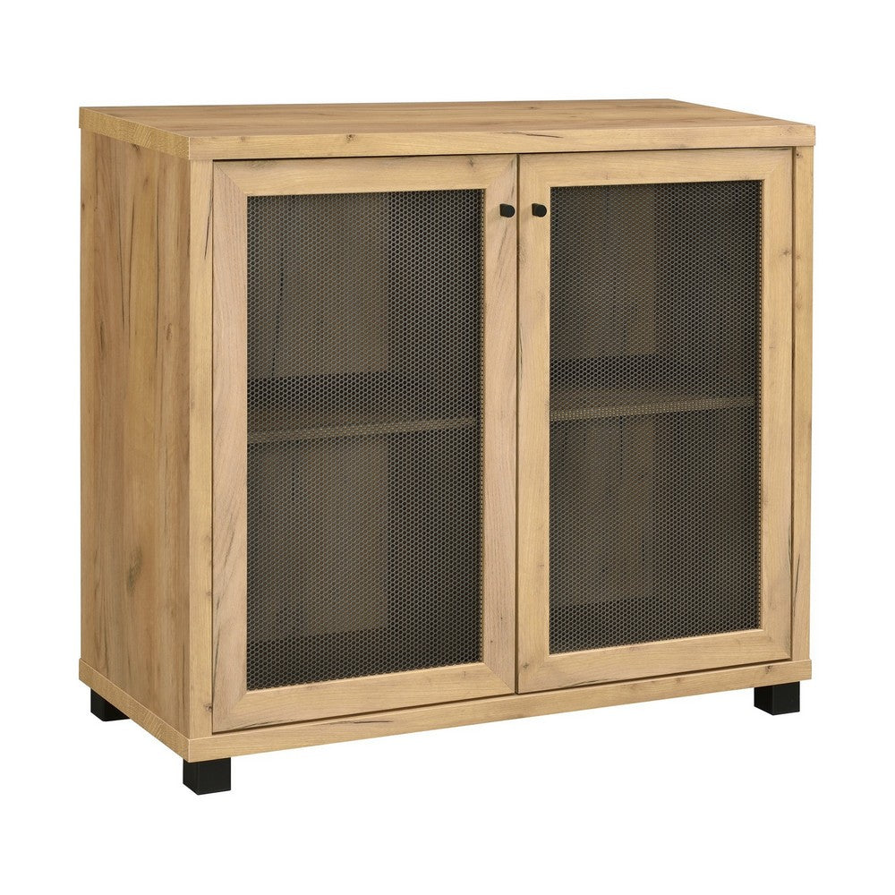 BENZARA 39 Inch Accent Console Cabinet, 4 Compartments, Modern Farmhouse, Oak - BM280594